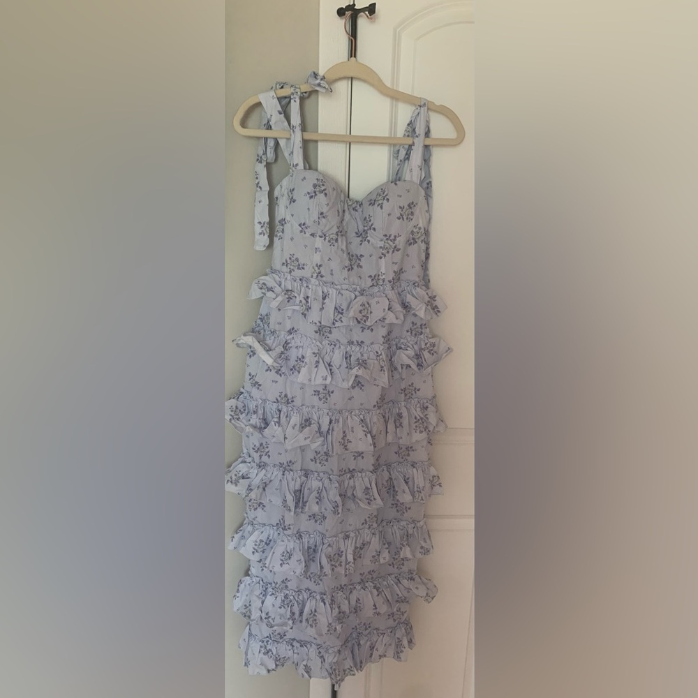 Blue and White Ruffled Tiered Sundress for Prom